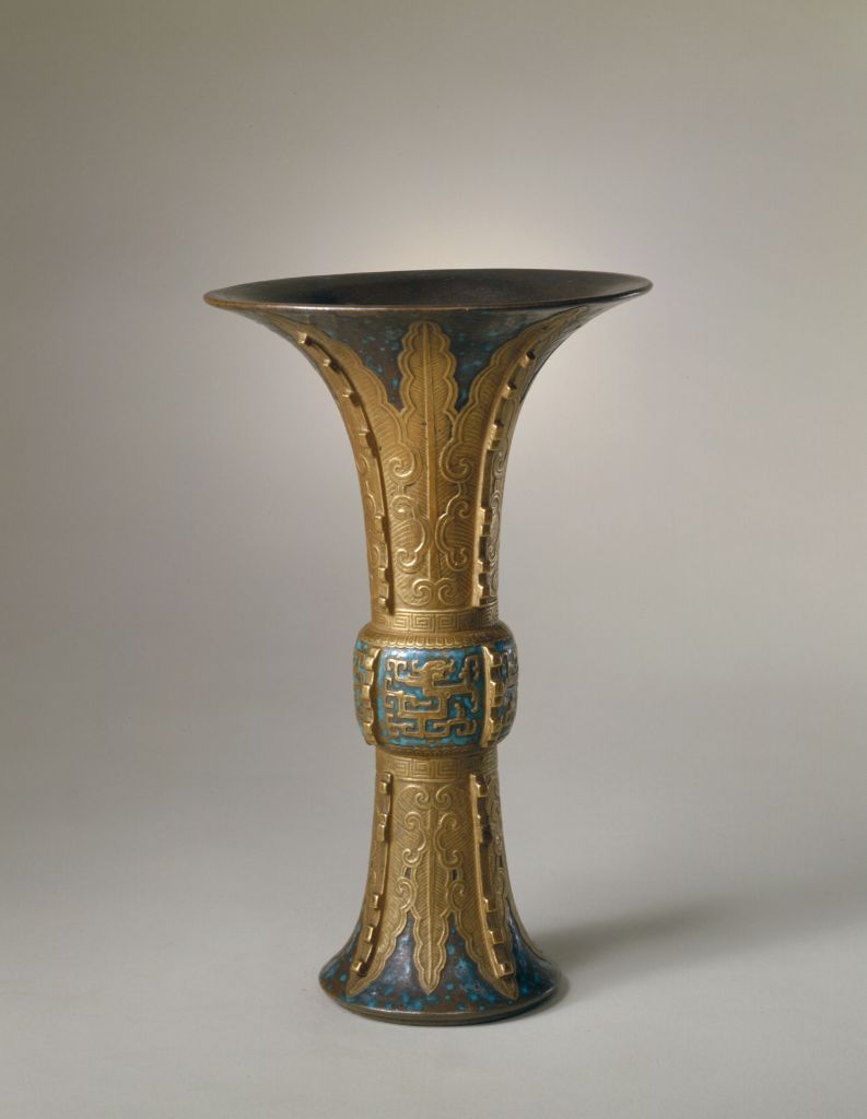 图片[1]-Bronze colored banana leaf pattern with halberd, flower and goblet-China Archive